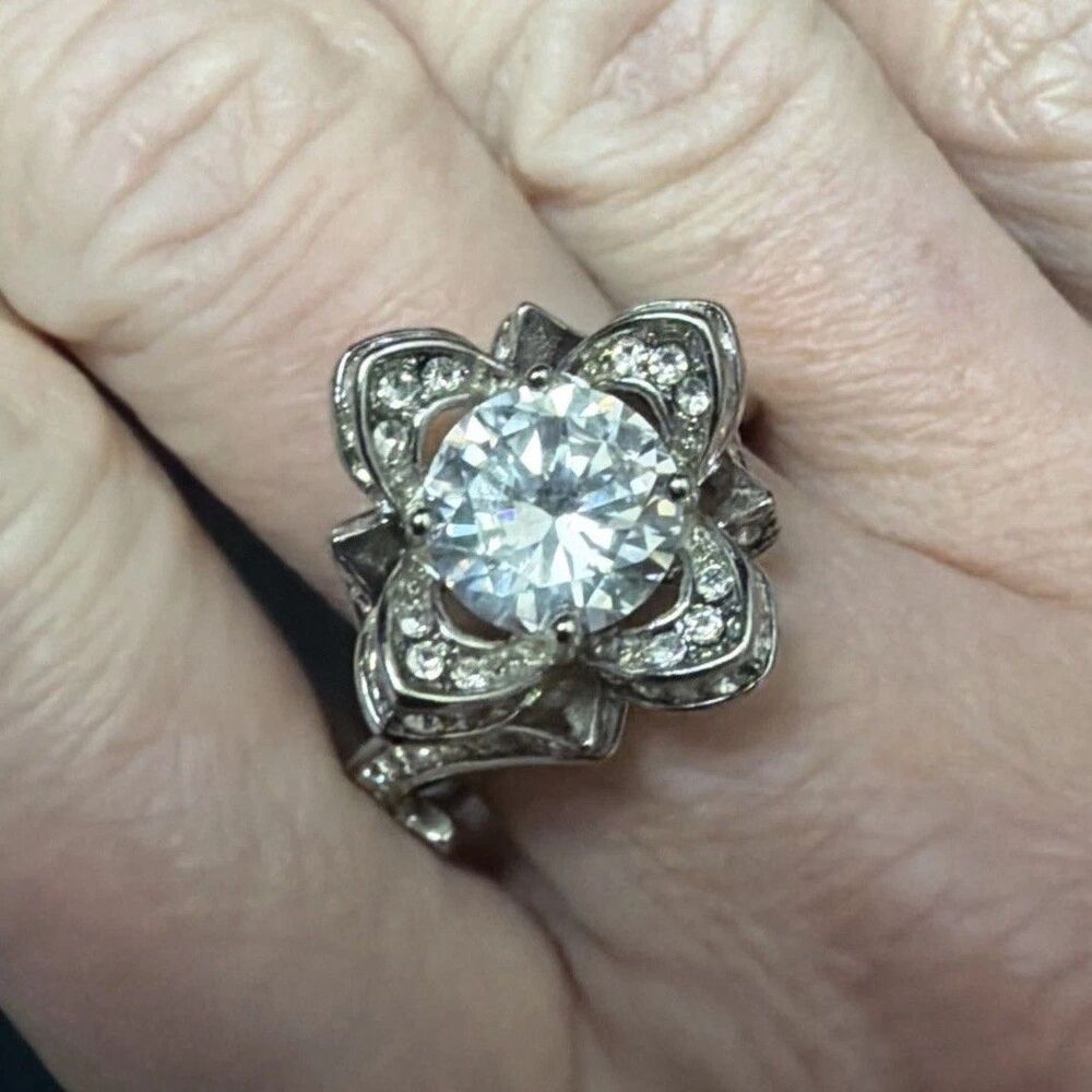 Sparkling CZ Lotus Ring Size 11.25 Silver Tone Flower Engagement Style